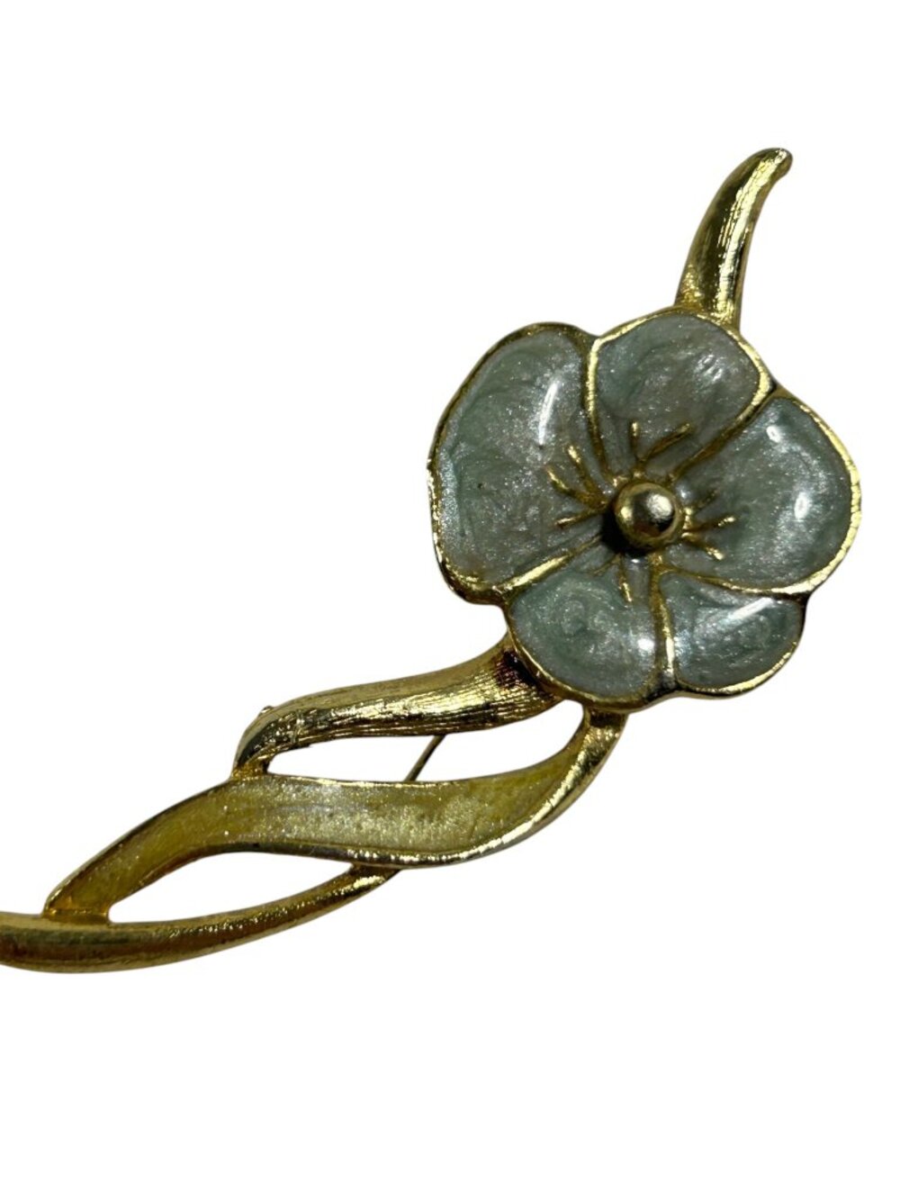 Gold Tone White Enamel Flower Brooch Pin Floral Stem Leaf Statement Jewelry